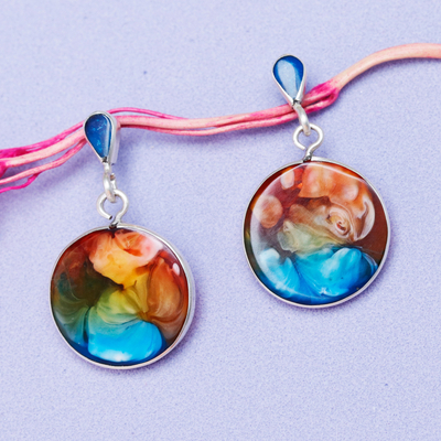 Silver and resin dangle earrings, 'Breathtaking Moon' - Handmade Colorful 950 Silver & Resin Round Dangle Earrings