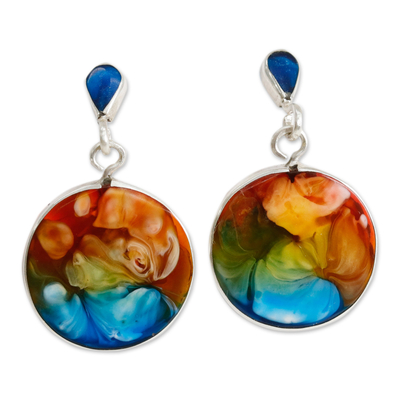 Silver and resin dangle earrings, 'Breathtaking Moon' - Handmade colourful 950 Silver & Resin Round Dangle Earrings