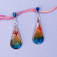 Silver and resin dangle earrings, 'Colorful Drop' - Handmade 950 Silver & Resin Drop-Shaped Dangle Earrings