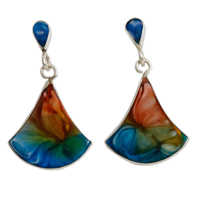Silver and resin dangle earrings, 'colourful Fan' - Handmade 950 Silver & Resin Fan-Shaped Dangle Earrings