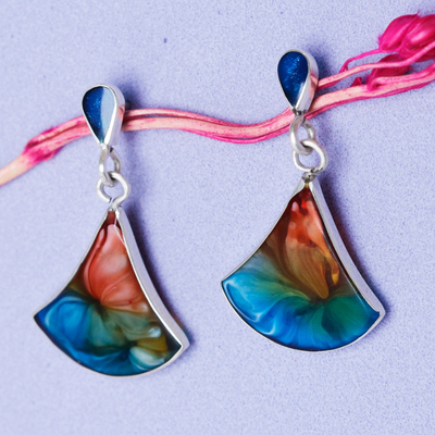 Silver and resin dangle earrings, 'colourful Fan' - Handmade 950 Silver & Resin Fan-Shaped Dangle Earrings
