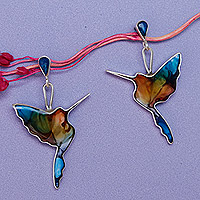 Silver and resin dangle earrings, 'Flying Hummingbird' - Colorful 950 Silver and Resin Hummingbird Dangle Earrings