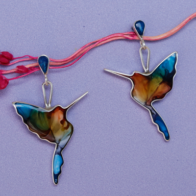 Silver and resin dangle earrings, 'Flying Hummingbird' - colourful 950 Silver and Resin Hummingbird Dangle Earrings