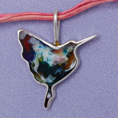 Silver and resin pendant, 'Cheery Hummingbird' - 950 Silver and Resin Hummingbird Pendant Handmade in Brazil