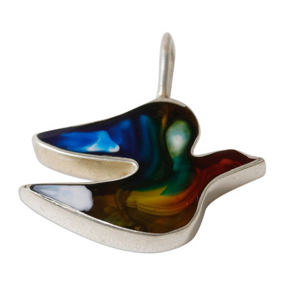 Silver and resin pendant, 'Little Vibrant Hope' - Abstract colourful Dove-Shaped Silver and Resin Pendant
