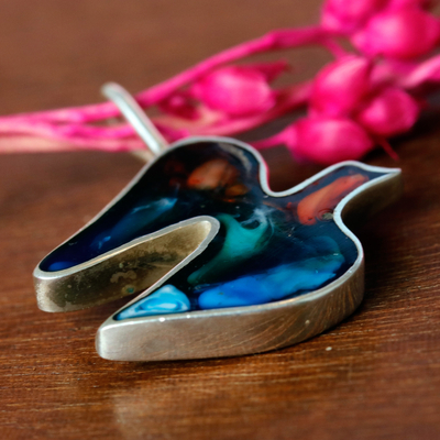 Silver and resin pendant, 'Little Vibrant Hope' - Abstract Colorful Dove-Shaped Silver and Resin Pendant