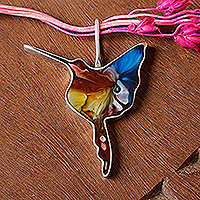 Silver and resin pendant, 'Oneiric Harmony' - Abstract Vibrant Hummingbird-Shaped Silver and Resin Pendant