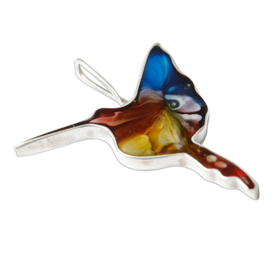 Silver and resin pendant, 'Oneiric Harmony' - Abstract Vibrant Hummingbird-Shaped Silver and Resin Pendant
