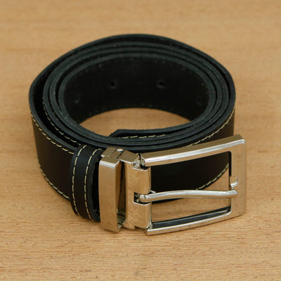 Men's leather belt, 'Sleek Style' - Men's Black Leather Belt with Nickel Buckle Made in Brazil