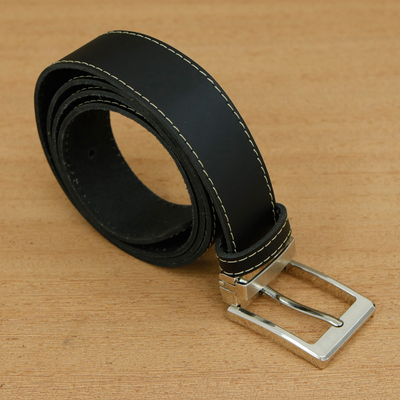 Men's leather belt, 'Sleek Style' - Men's Black Leather Belt with Nickel Buckle Made in Brazil