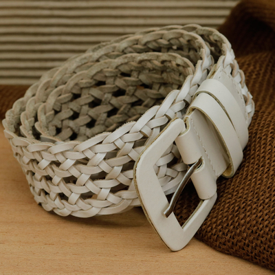 Leather belt, 'Ecru Ways' - Handcrafted Braided Ecru Leather Belt with Nickel Buckle