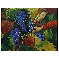 'Cosecha' - Pintura acrílica de manos cosechando uvas de vino de Brasil