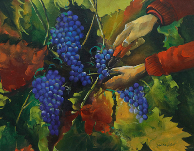 'Harvest' - Pintura acrílica de manos cosechando uvas de vino de Brasil