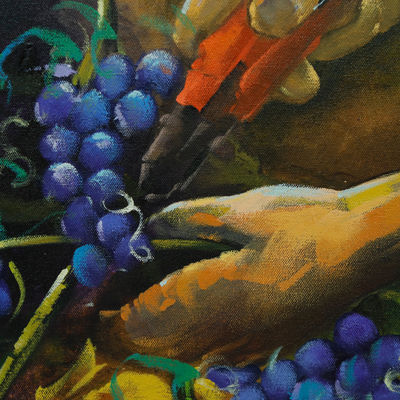 'Harvest' - Pintura acrílica de manos cosechando uvas de vino de Brasil