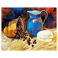 'Wine and Etc.' - Still Life Acrylic Painting of Grapes Wine Jug and Cheese