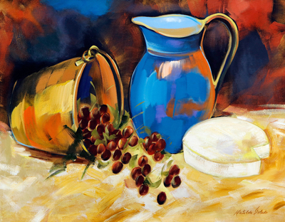 'Wine and Etc.' - Still Life Acrylic Painting of Grapes Wine Jug and Cheese