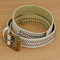 Leather belt, 'Vanilla' - Leather Belt in Ivory with Brown Stitch Accents from Brazil
