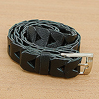 Leather belt, 'Ebony' - Braided Floater Leather Belt in Black with Metallic Buckle
