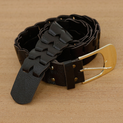 Leather belt, 'French Roast' - Chocolate Braided Floater Leather Belt with Metallic Buckle