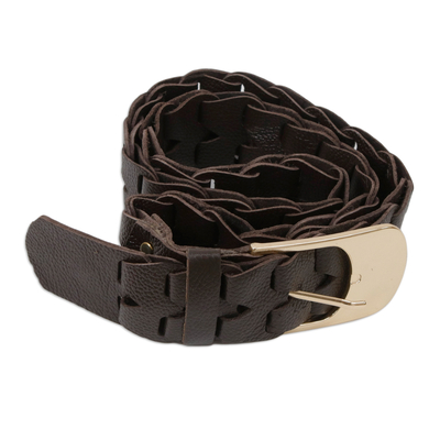 Leather belt, 'French Roast' - Chocolate Braided Floater Leather Belt with Metallic Buckle