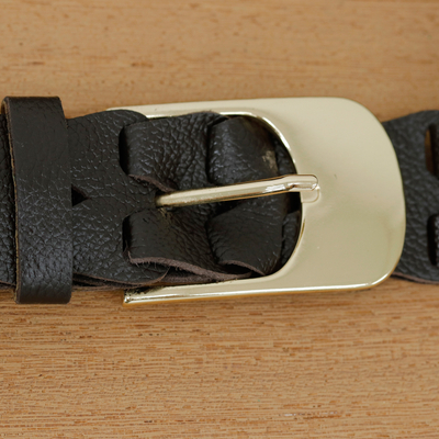 Ledergürtel - Schokoladenbrauner, geflochtener Floater-Ledergürtel mit Metallschnalle