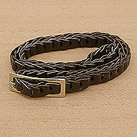 Leather belt, 'Espresso' - Braided Floater Leather Belt in Brown with Metallic Buckle