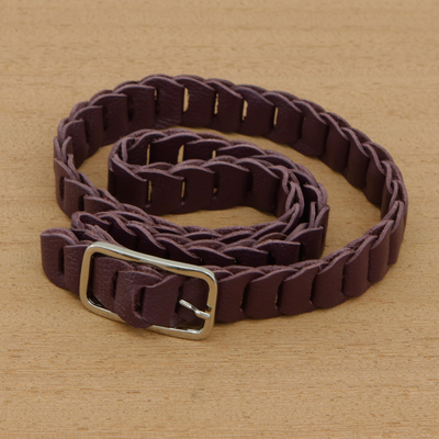 Leather belt, 'Eggplant' - Braided Floater Leather Belt in Purple with Metallic Buckle
