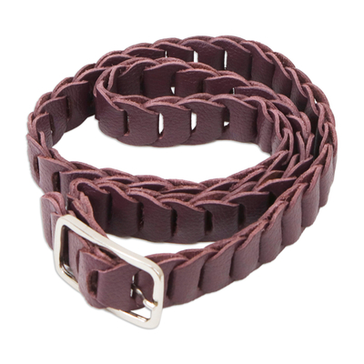 Leather belt, 'Eggplant' - Braided Floater Leather Belt in Purple with Metallic Buckle