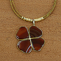 Gold-accented agate and golden grass statement necklace, 'Balance Found' - Agate Clover Pendant with Golden Grass Cord Necklace
