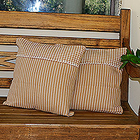 Baumwollkissenbezüge, 'Caramel Window' (Paar) - Handgewebte karamellfarbene gestreifte Baumwollkissenbezüge (Paar)