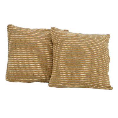 Cotton cushion covers, 'Caramel Window' (pair) - Handloomed Caramel Striped Cotton Cushion Covers (Pair)