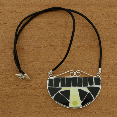 Peridot pendant necklace, 'Mosaic of Fortune' - Modern Black Ceramic and Natural Peridot Pendant Necklace