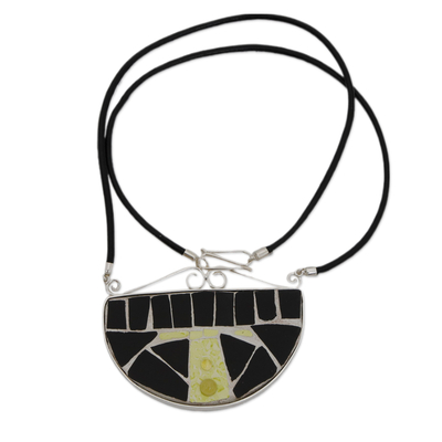 Peridot pendant necklace, 'Mosaic of Fortune' - Modern Black Ceramic and Natural Peridot Pendant Necklace