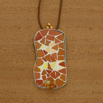 Citrine and cultured pearl pendant necklace, 'Summer Mosaic' - Warm-Toned Ceramic Citrine and Golden Pearl Pendant Necklace