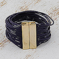 Leather wristband bracelet, 'Blue Brazilian Luxury' - Blue Leather Strand Wristband Bracelet with Golden Closure