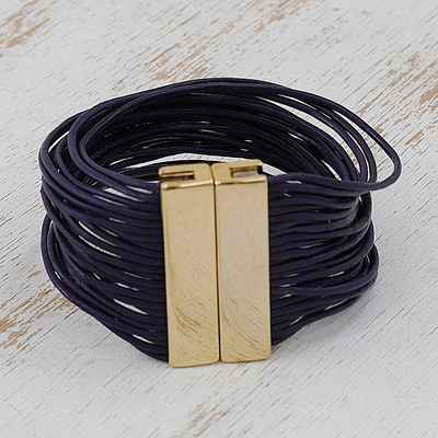 Leather wristband bracelet, 'Blue Brazilian Luxury' - Blue Leather Strand Wristband Bracelet with Golden Closure