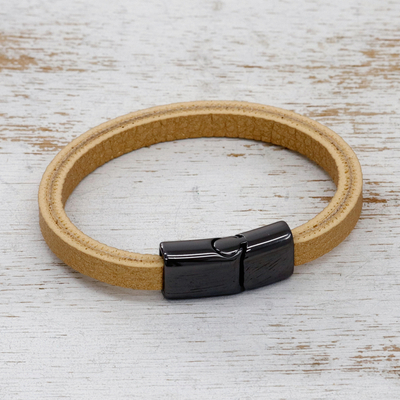 Leather wristband bracelet, 'Victorious Allure' - Golden-Toned Leather Wristband Bracelet with Magnetic Clasp