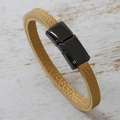 Leather wristband bracelet, 'Victorious Allure' - Golden-Toned Leather Wristband Bracelet with Magnetic Clasp