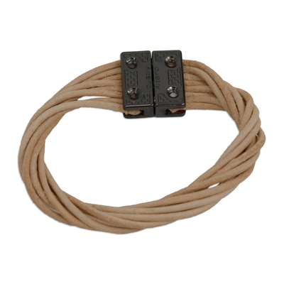 Leather strand bracelet, 'Powerful Together in Beige' - Beige Leather Cord and Stainless Steel Strand Bracelet