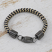 Cotton cord bracelet, 'Nautical Navy' - Beige and Navy Striped Cotton Cord Bracelet from Brazil