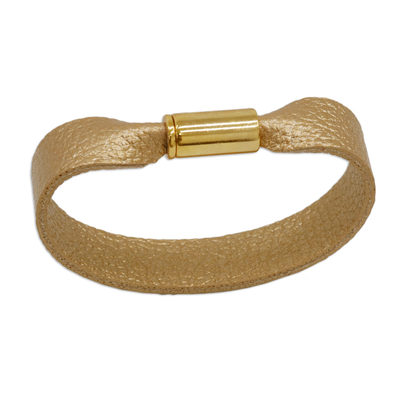 Faux leather wristband bracelet, 'Winner's Ribbon' - Golden-Toned Faux Leather Wristband Bracelet from Brazil