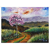 'árbol de trompeta rosa' - pintura al óleo impresionista estirada firmada con temática de la naturaleza