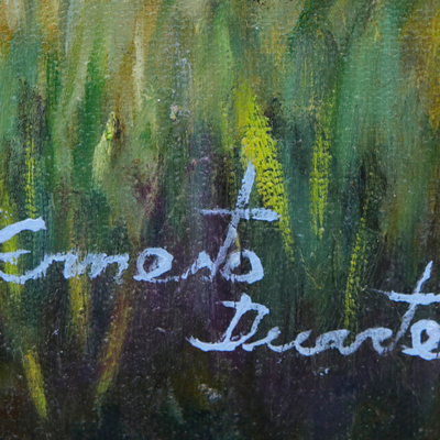 'Pink Trumpet Tree' - Pintura al óleo impresionista estirada firmada con temática de la naturaleza