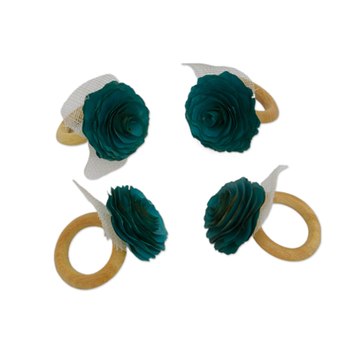 Wood and natural fiber napkin rings, 'Emerald Green Roses' (set of 4) - 4 Eco-Friendly Green Floral Wood Natural Fiber Napkin Rings