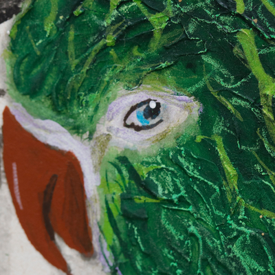 'Guacamayo' - Pintura acrílica de guacamayo verde floral impresionista firmada