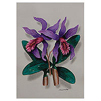 'Flor' - Pintura acrílica de flor morada estirada firmada de Brasil