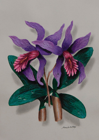 'Flower' - Pintura acrílica de flor púrpura estirada firmada de Brasil