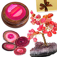 Set de regalo curado, 'Magical Magenta' - Caja de joyería de ágata con 4 posavasos Juego de regalo curado con árbol de piedras preciosas