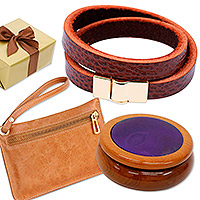 Curated gift set, 'Luxury in Brown' - Brown jewellery Box Leather Wristlet Bracelet Curated Gift Set