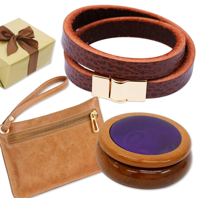 Curated gift set, 'Luxury in Brown' - Brown Jewelry Box Leather Wristlet Bracelet Curated Gift Set